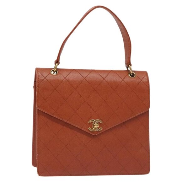 CHANEL Matelasse Hand Bag Grained Calf Skin Brown Gold CC Auth 130197 - Picture 1 of 14